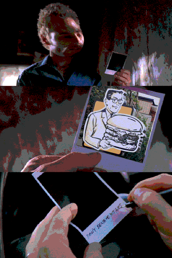 An edit of the "don't believe his lies" meme. A man looks at a photo of Burger Jones and writes "don't believe his lies" under it.