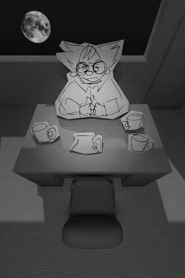 Drew, a balding elderly person, was sitting at his desk across from an empty chair. The moon was visible through his window.