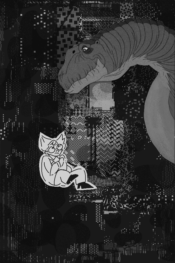 Drew was falling in the air with his arms crossed. You can now see that the dinosaur was Littlefoot's mother from the 1988 animated film The Land Before Time.