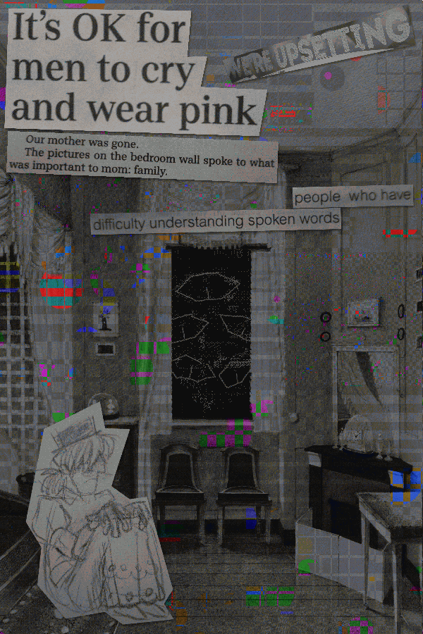 Josie was curled up in the corner of their room. Behind them was a window leading into a black void with eyes watching them. Above them was text revealing a story of a man who cries because they miss their mother.