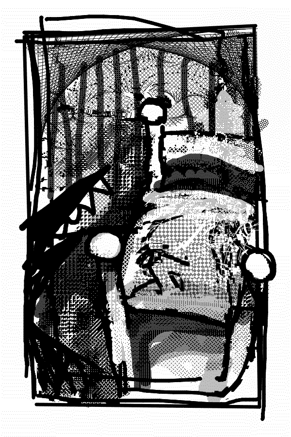 A sharp creature with sharp teeth was looking at a bed.