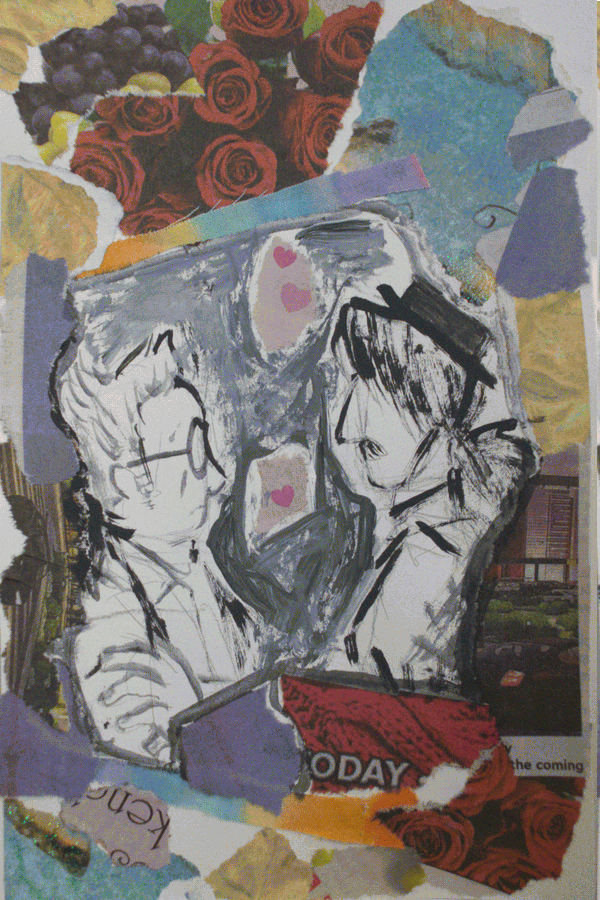 Alex and Josie were looking at each other with neutral expressions. Alex had his hand on his own shoulder in a self-reassuring manner. Unlike previous greyscale illustrations, they were surrounded by bright colors, including roses and hearts.