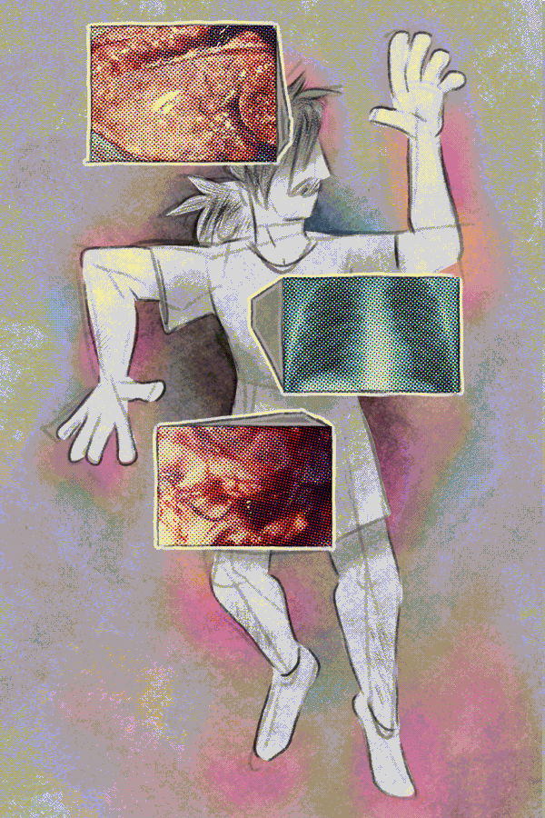 A dissection of Josie, revealing their brain, bones, and internal organs. It's all pretty nasty. Their internals are colorful and they are surrounded with a pink aura.