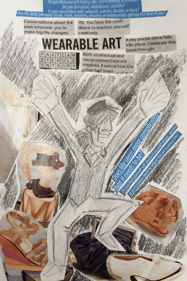 Josie could be seen jumping joyously into the air. They had switched into their new outfit, a freshly-washed suit. Above and around them was images of shoes and text about big life changes.