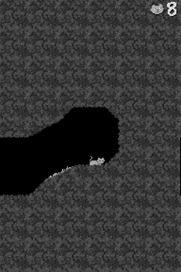 A cat was laying in a cave. In the corner was a video game lives counter that now displayed the number 8. The graphics were reminiscent of a retro computer game, like Cave Story or La-Mulana.