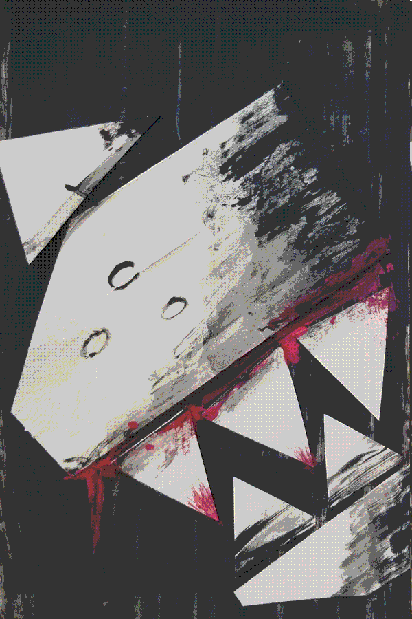 A snarling canine snout with jagged, bloody teeth.