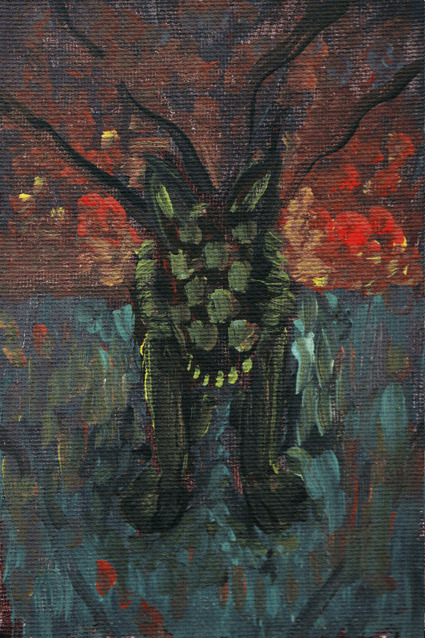 A wild-looking canine with several branches coming out of it, extending out and to the sides.