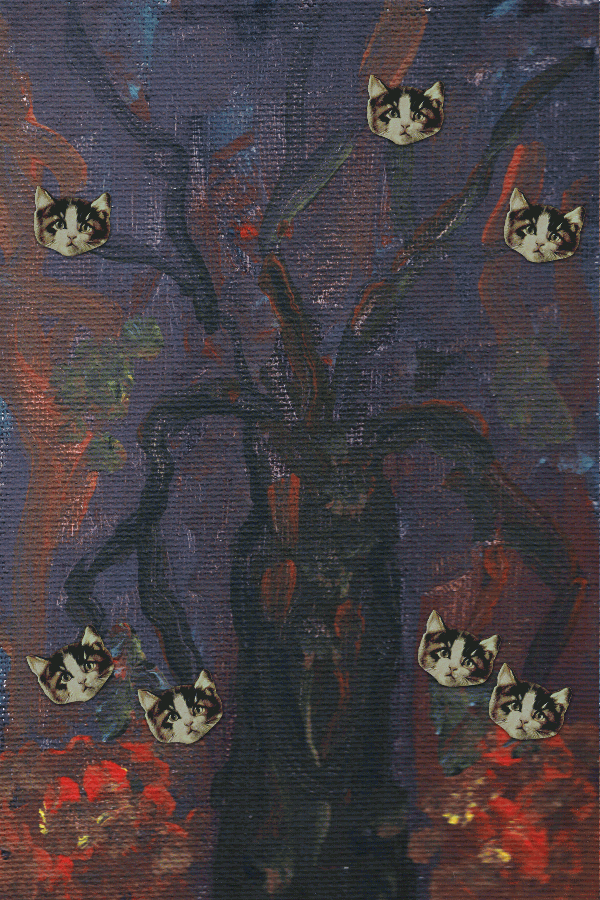 A tree with cat heads for leaves.