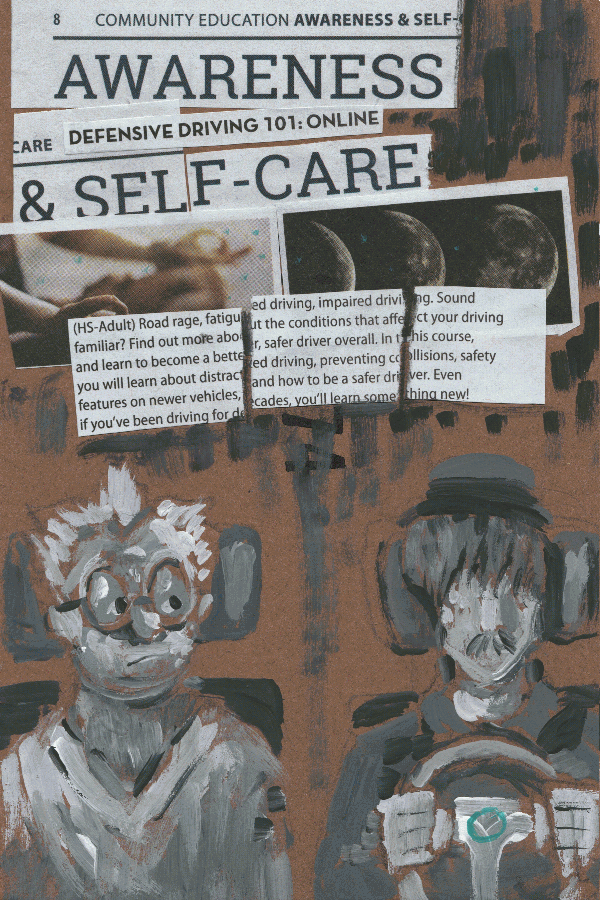 Alice and Joseph, characters that closely resemble Alex and Josie, were sitting in the car. Above them were quotes and images relating to mental health, driving, hands, and the moon. The car wheel was a Wii steering wheel.