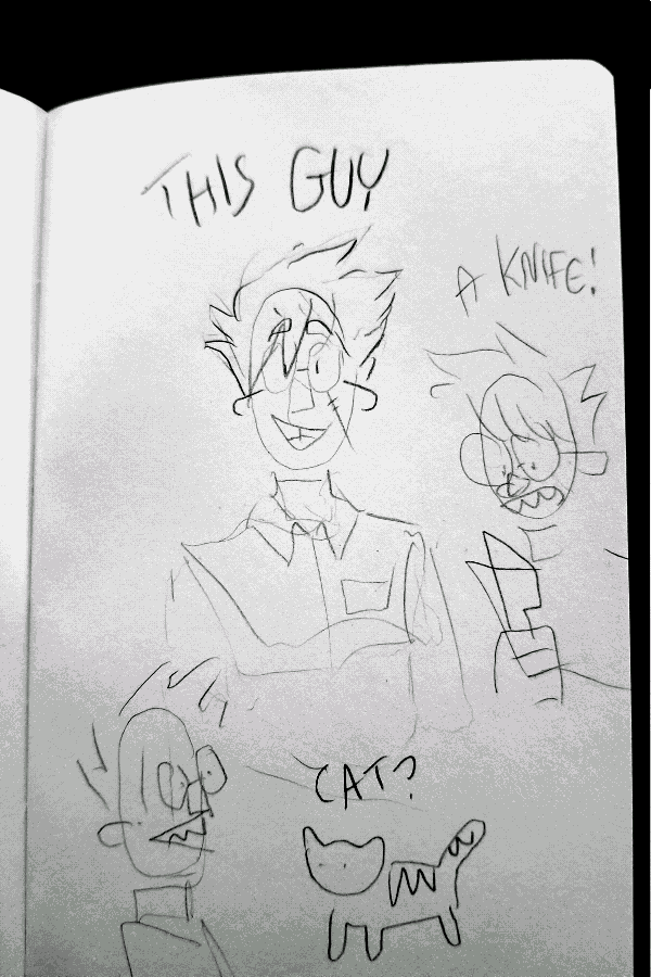 A couple doodles in a tiny notebook of a skinny dude with implausible hair. One of the doodles has a cat in it.