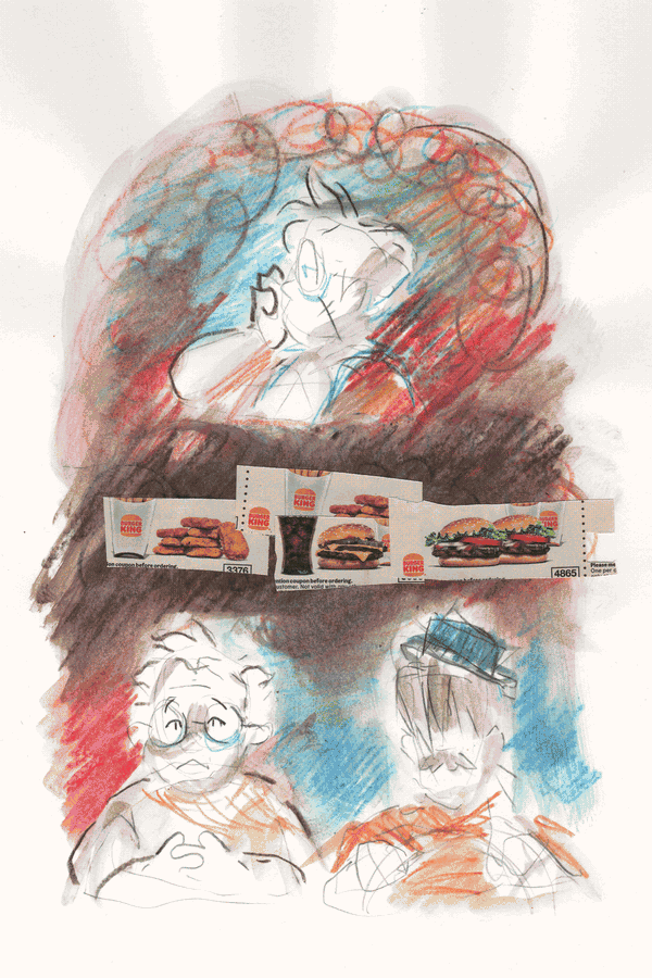 Alice looked out of the car window. She daydreamed about burgers and sandwiches.