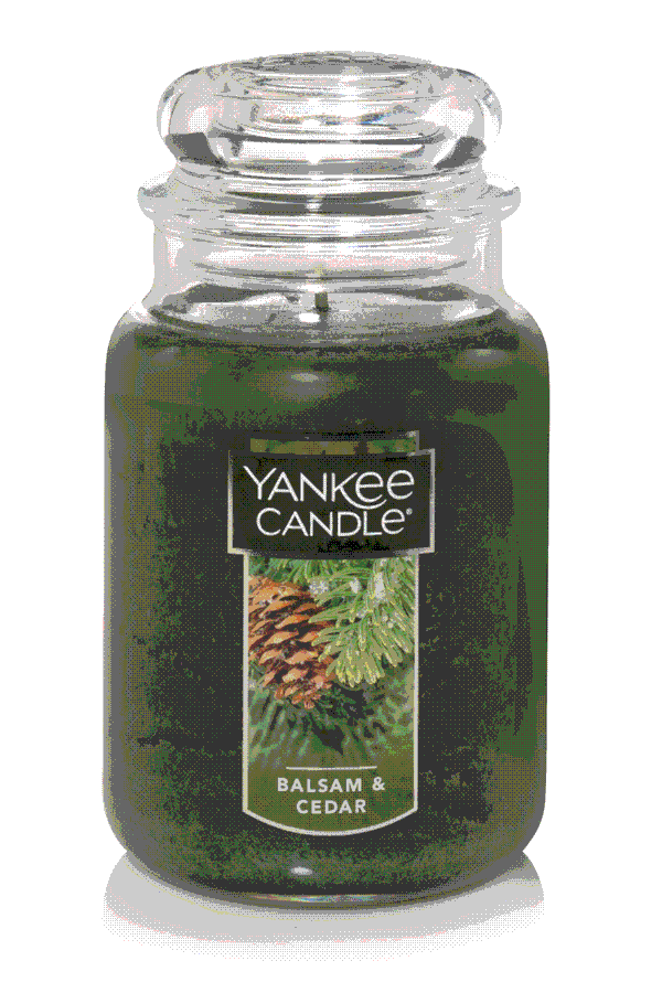 A balsam and cedar scented candle.
